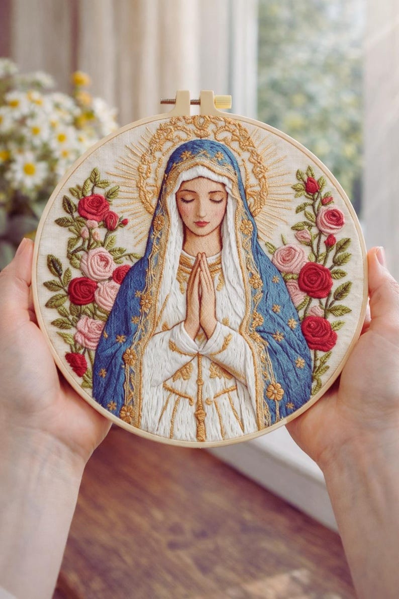 Virgin Mary embroidery kit fabric detail