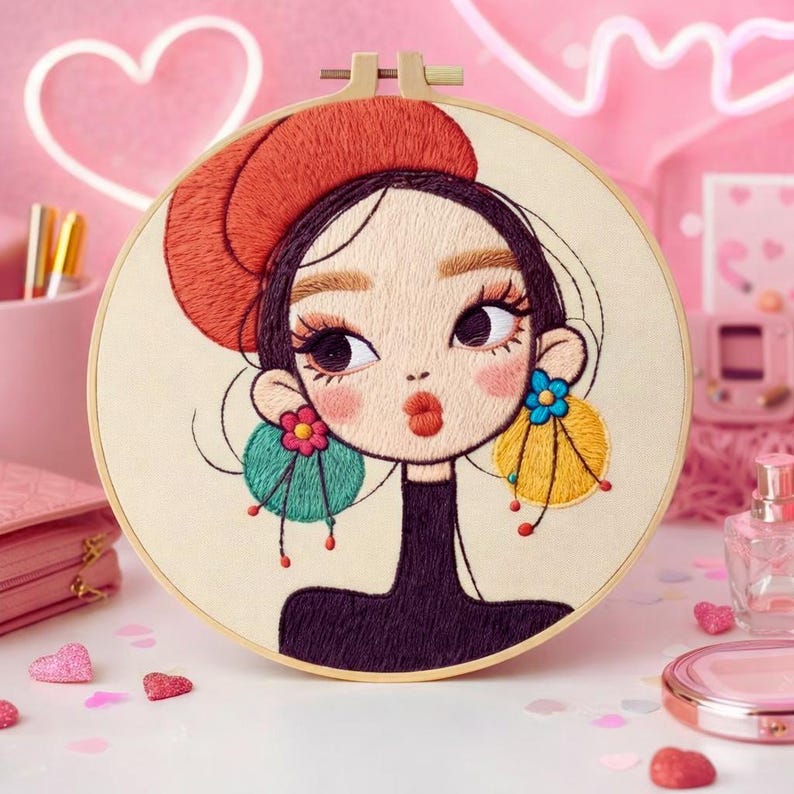 Girl portrait embroidery hoop art