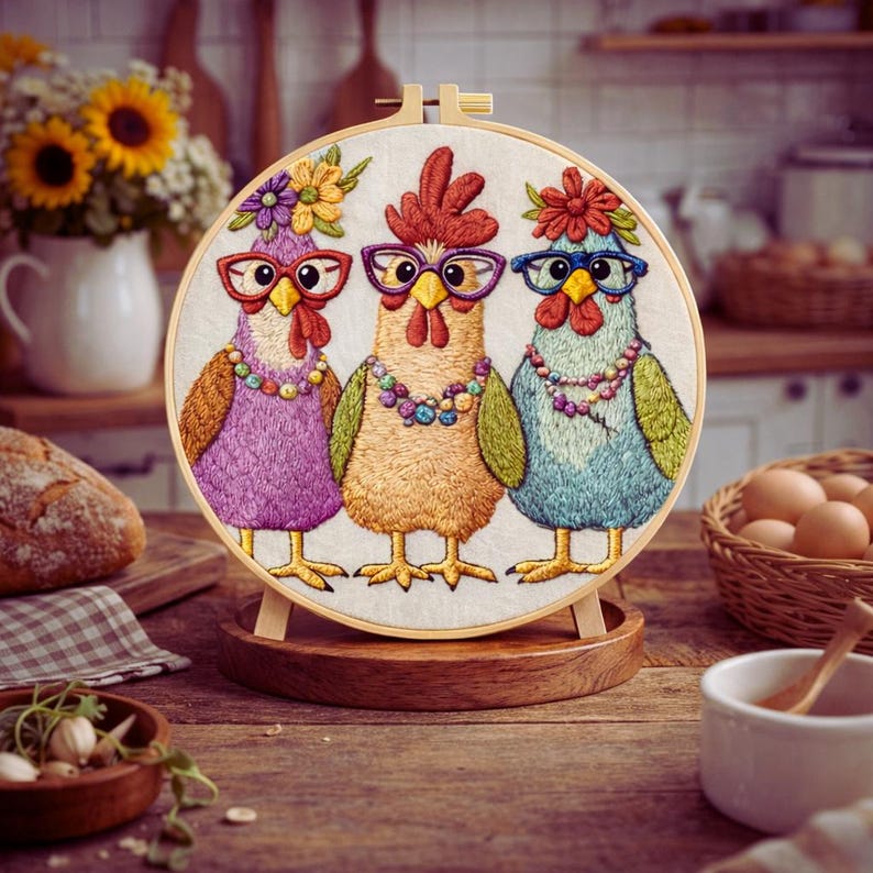 Three roosters farmhouse embroidery hoop art