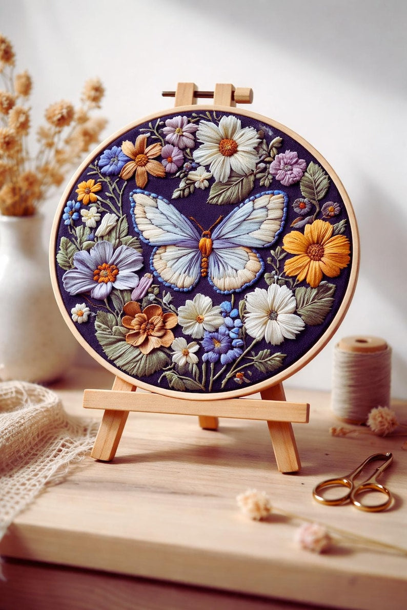 Butterfly and flowers embroidery kit finished hoop art