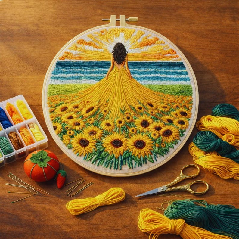 Sunflower embroidery finished piece styled