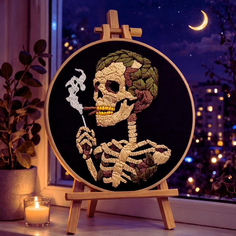 Close up of skeleton skull embroidery stitching detail