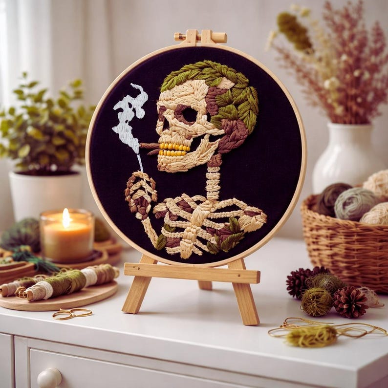 Skeleton embroidery kit contents and materials