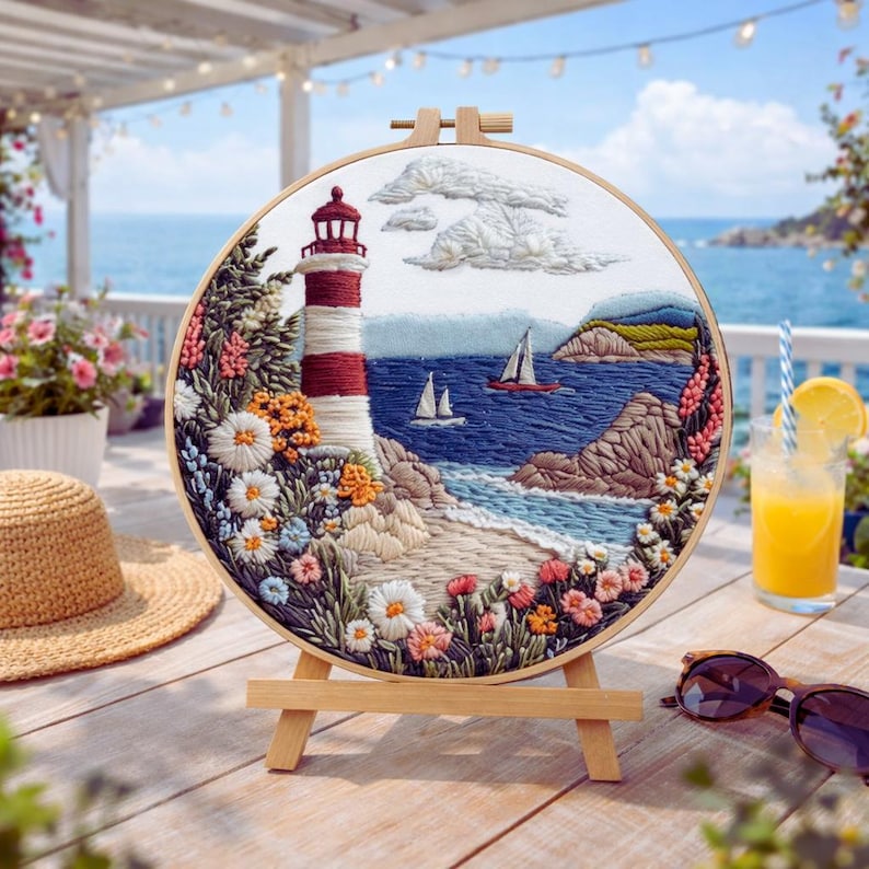 Seaside lighthouse embroidery kit finished hoop art