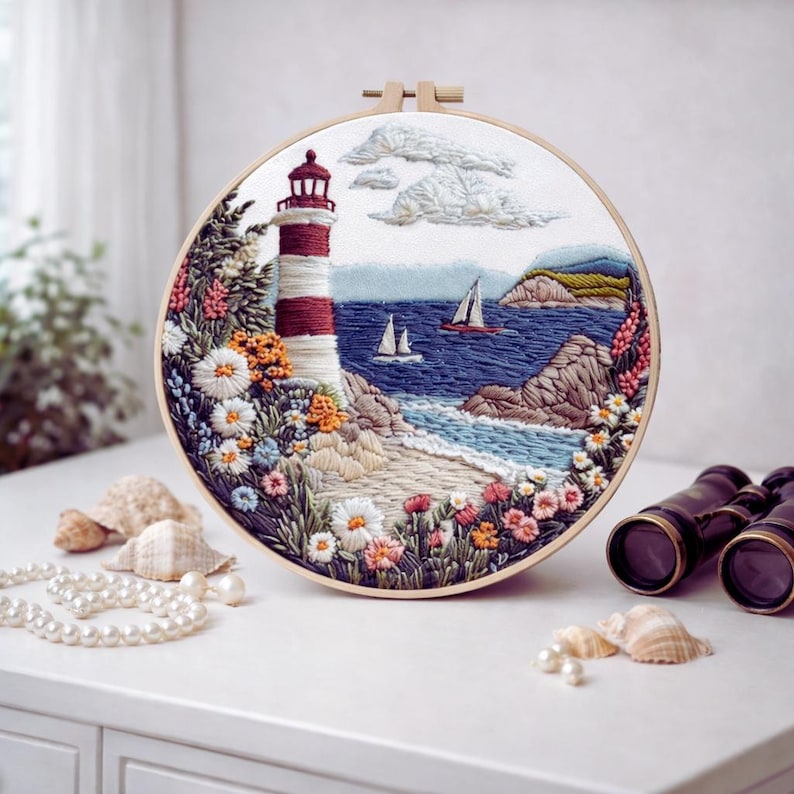 Seaside lighthouse embroidery kit close-up detail