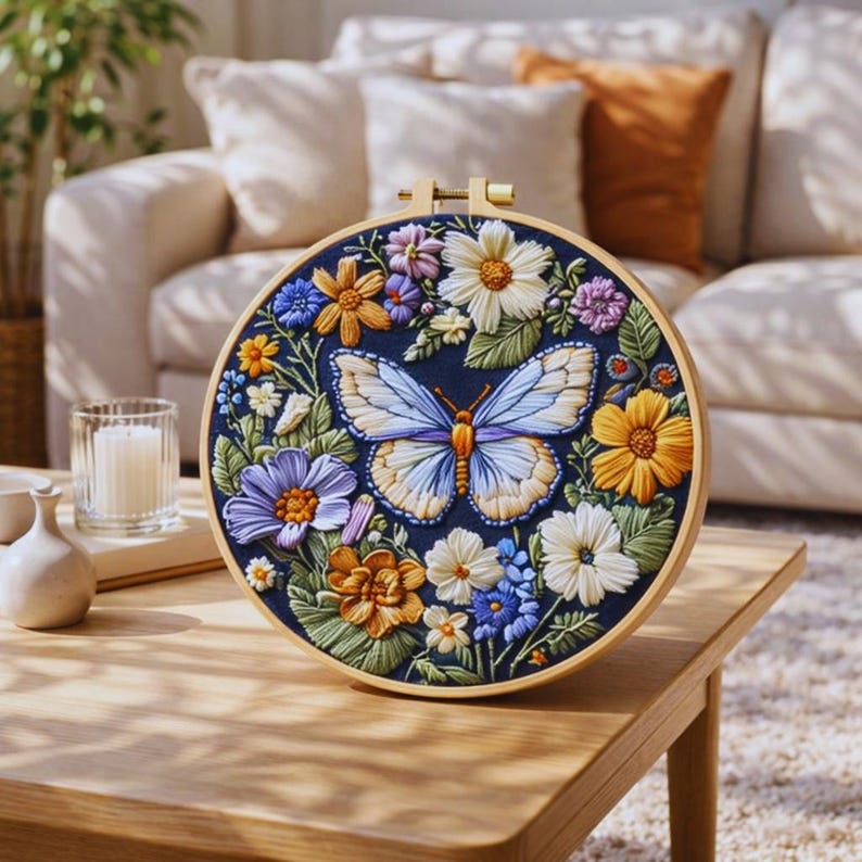 Butterfly flowers embroidery pattern close-up