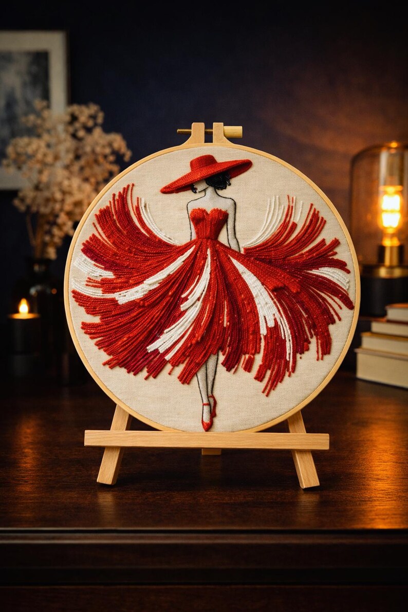 Red dress lady embroidery kit materials