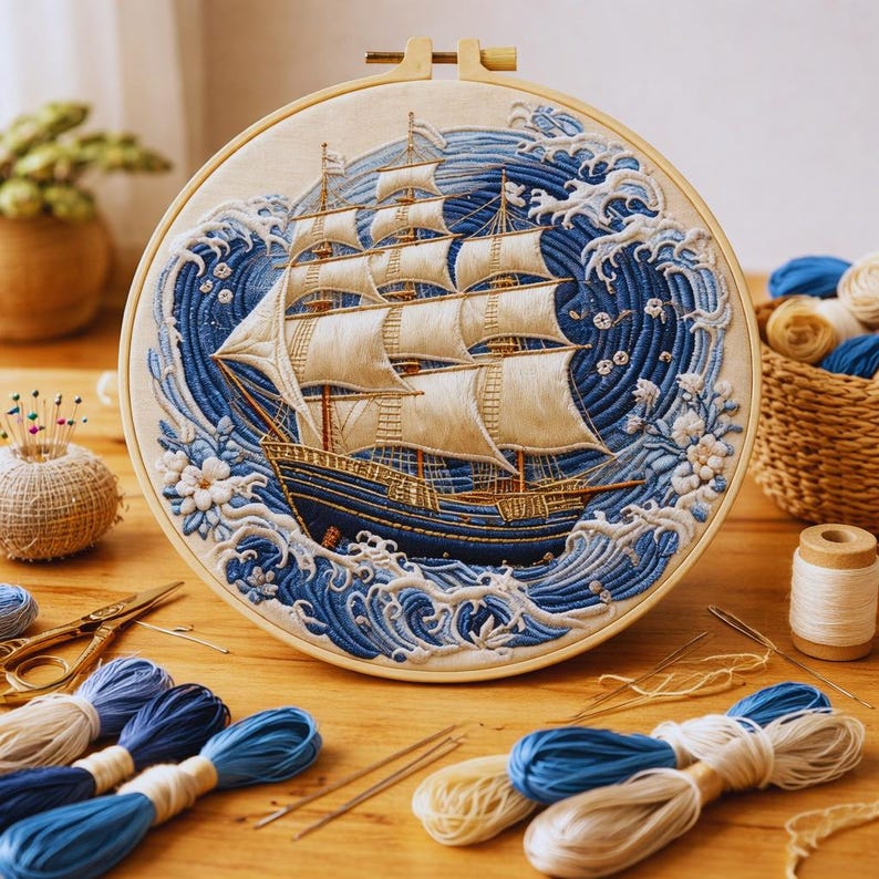 Finished sailing ship embroidery close-up