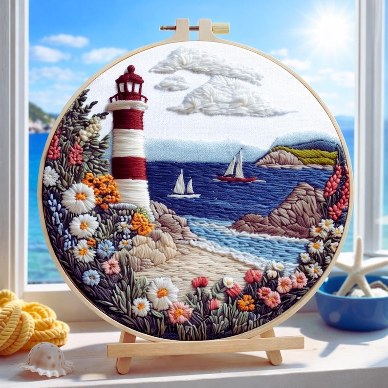 Seaside lighthouse embroidery kit fabric and supplies