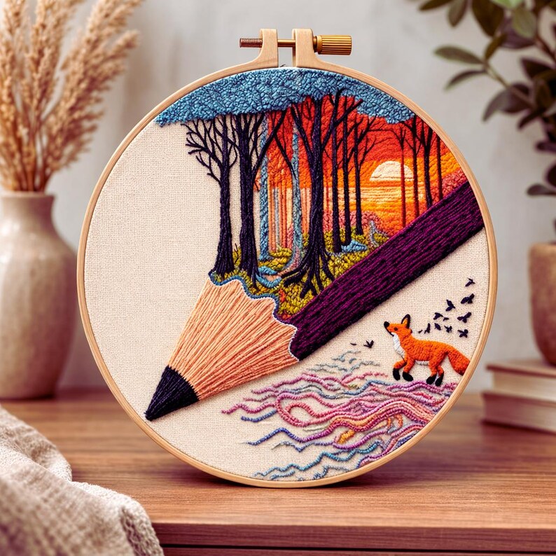 Forest sunset embroidery kit contents