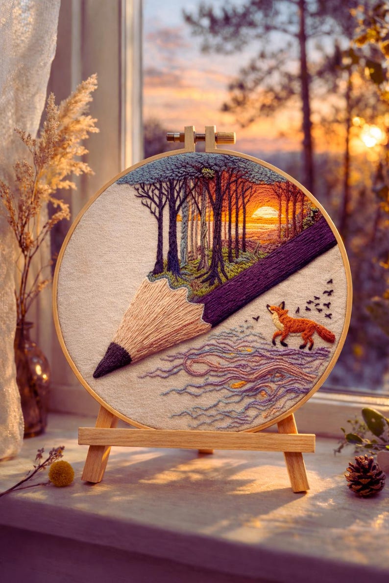 Forest sunset embroidery pattern close-up