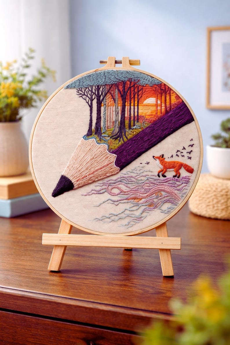 Forest sunset pencil landscape embroidery hoop