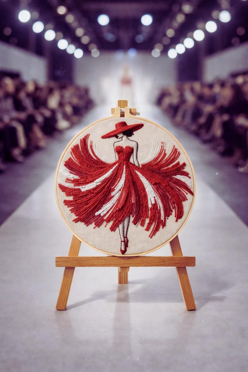 Red dress lady embroidery pattern detail