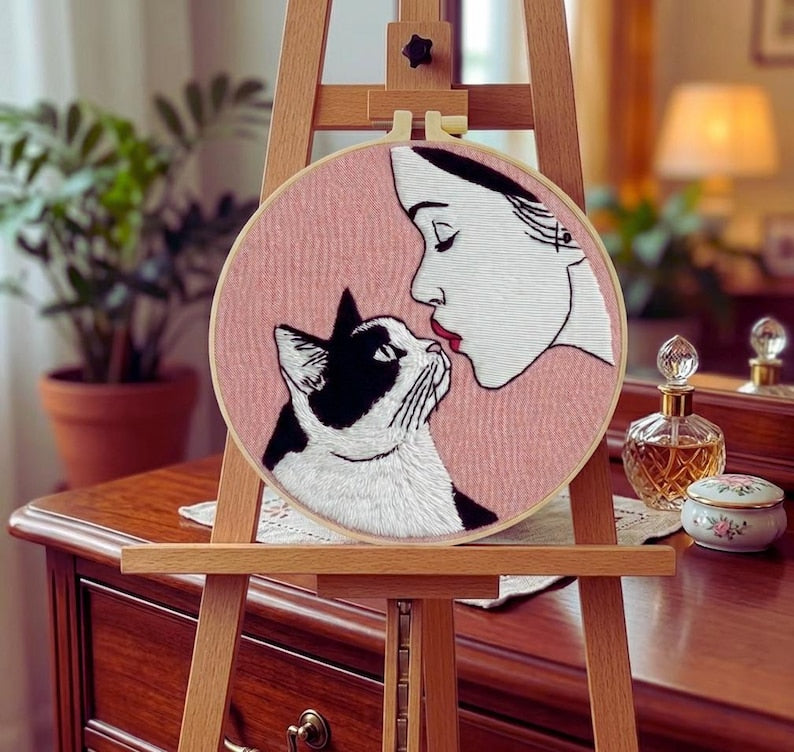 Woman and cat embroidery kit hoop art design