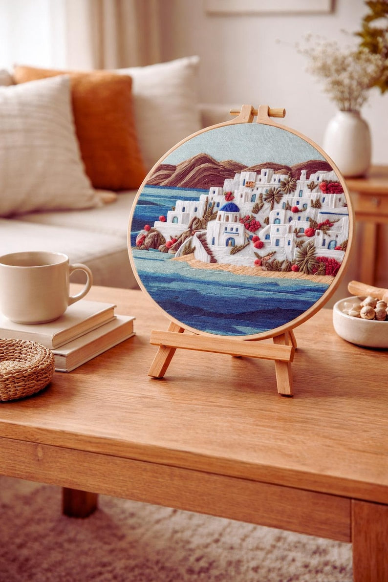 Mediterranean village embroidery kit contents and hoop