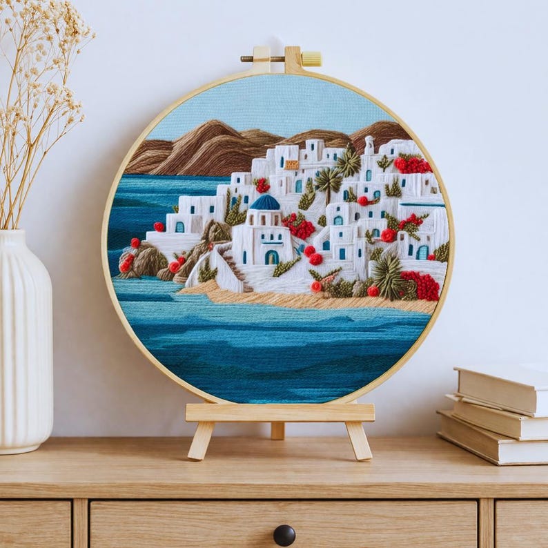 Mediterranean village embroidery kit pattern detail