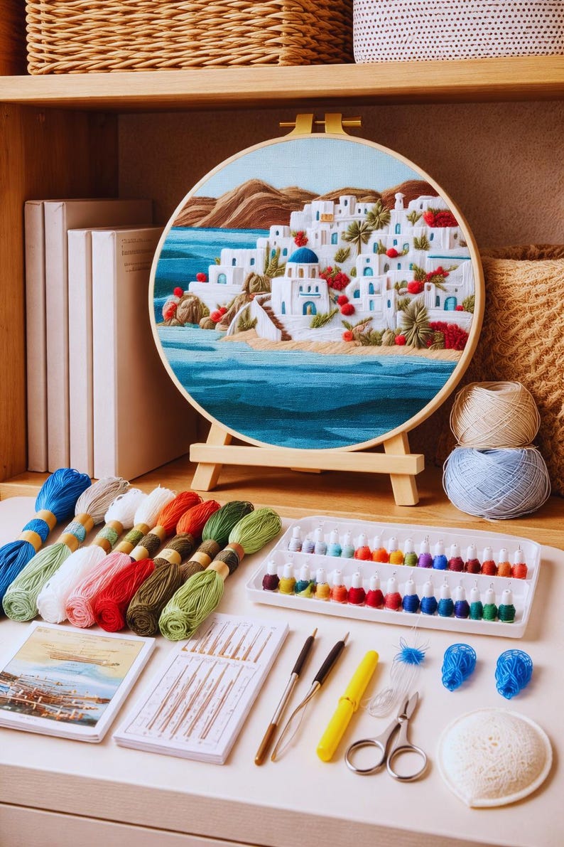 Mediterranean village embroidery kit stitching close-up