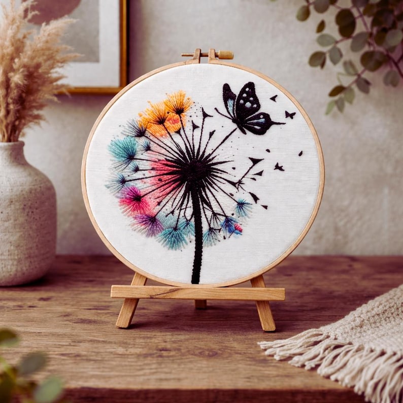 Dandelion embroidery hoop art with butterfly design