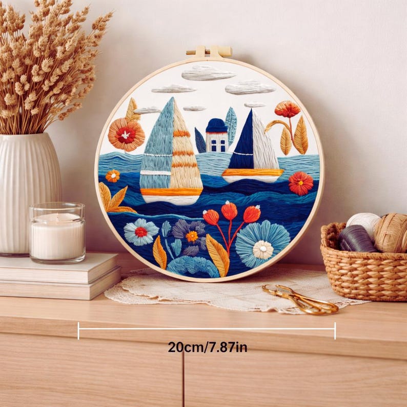 Sailboat embroidery kit contents and hoop