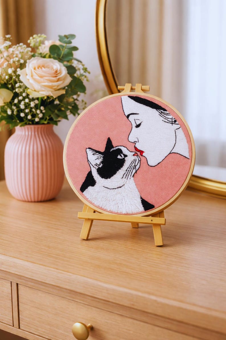 Woman and cat embroidery kit supplies