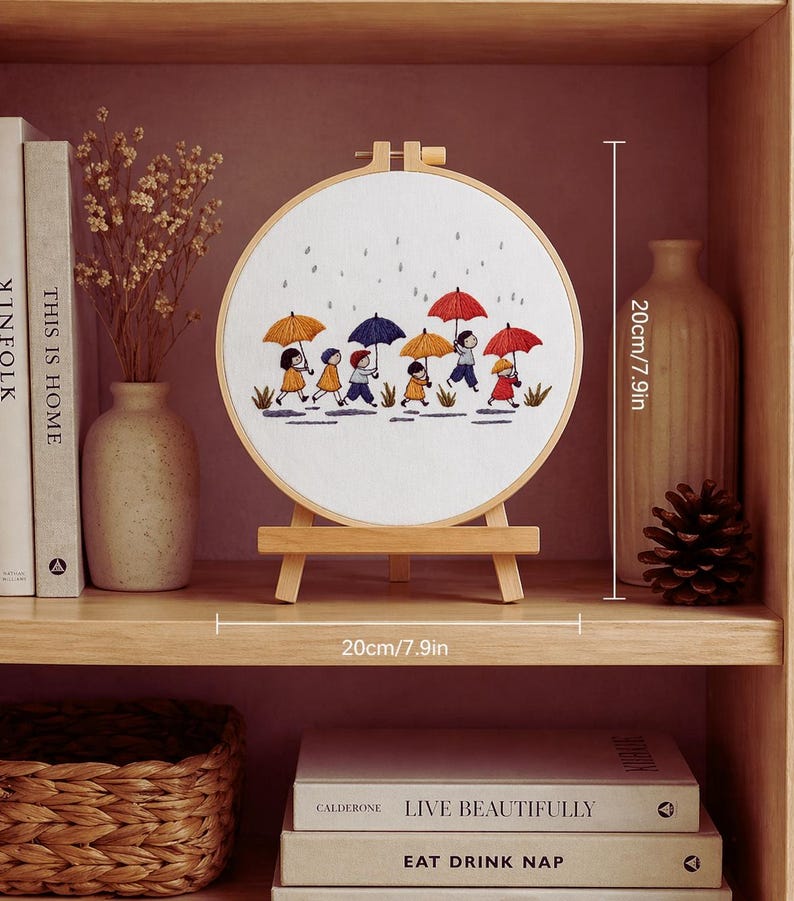 Children umbrella embroidery finished piece on nursery wall