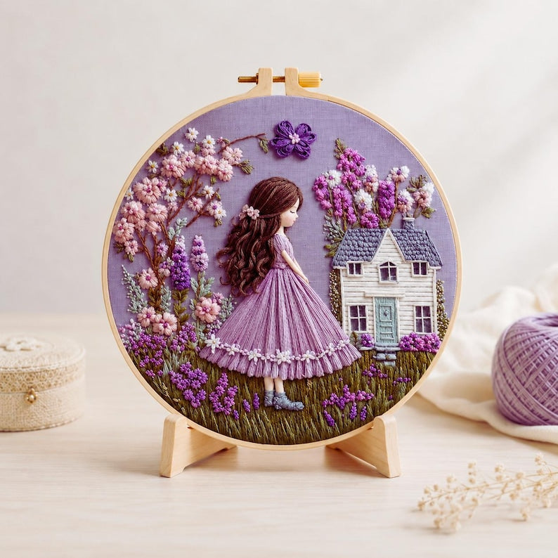 Lavender Cottage Girl embroidery kit contents and materials