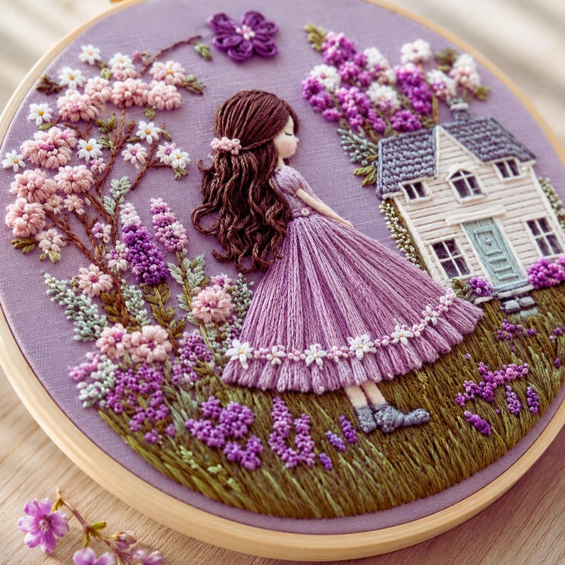 Lavender Cottage Girl embroidery kit pattern detail