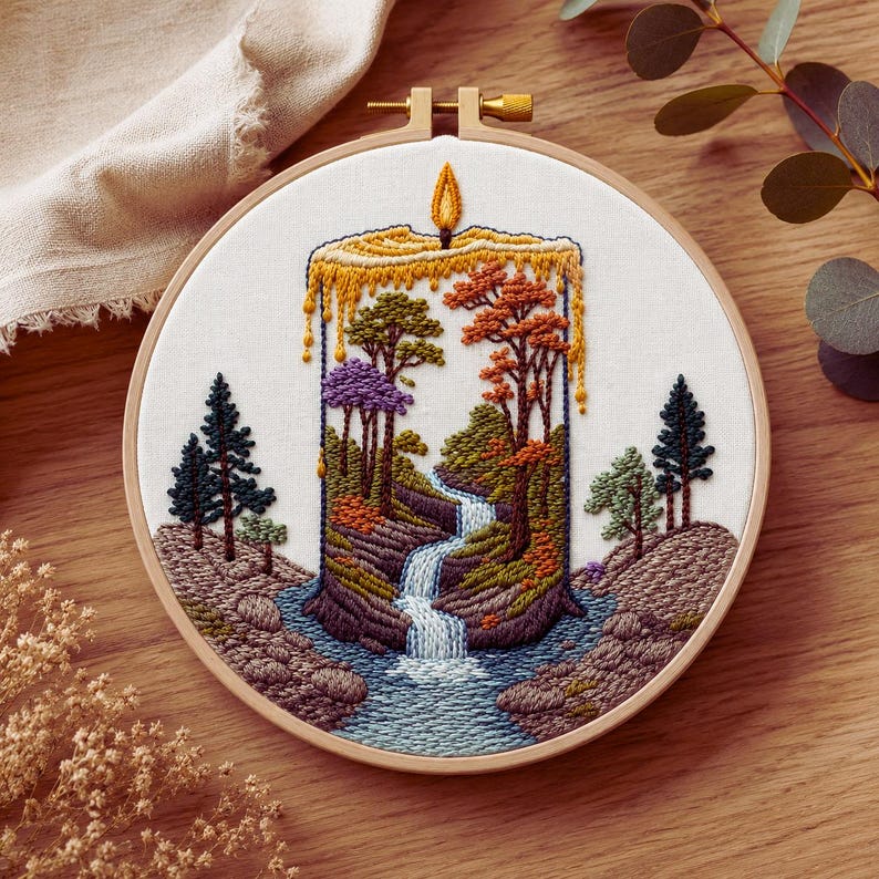 Candle forest waterfall embroidery hoop art