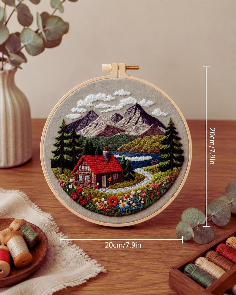 Mountain cottage embroidery kit fabric and supplies