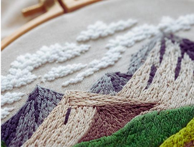 Mountain cottage embroidery kit close-up detail