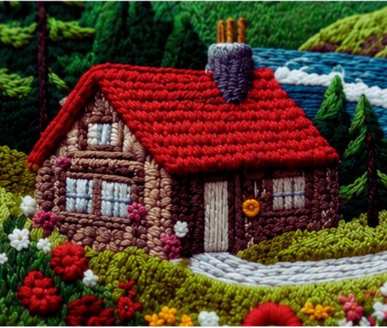 Mountain cottage embroidery kit hoop art display