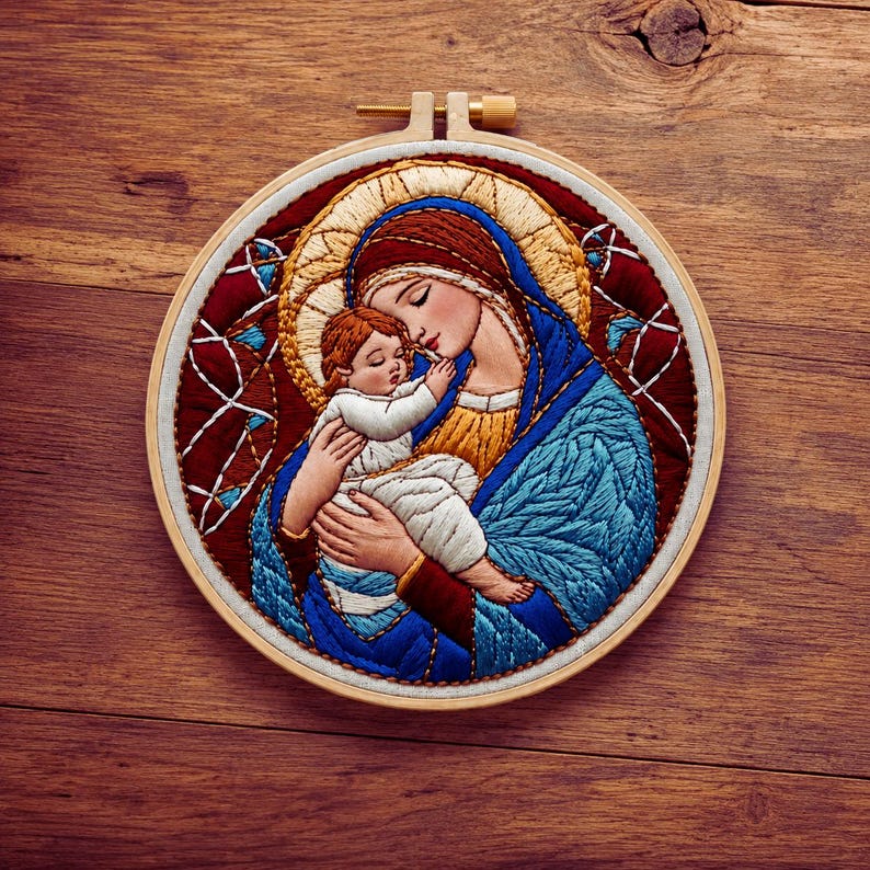 Religious mother and child embroidery close up