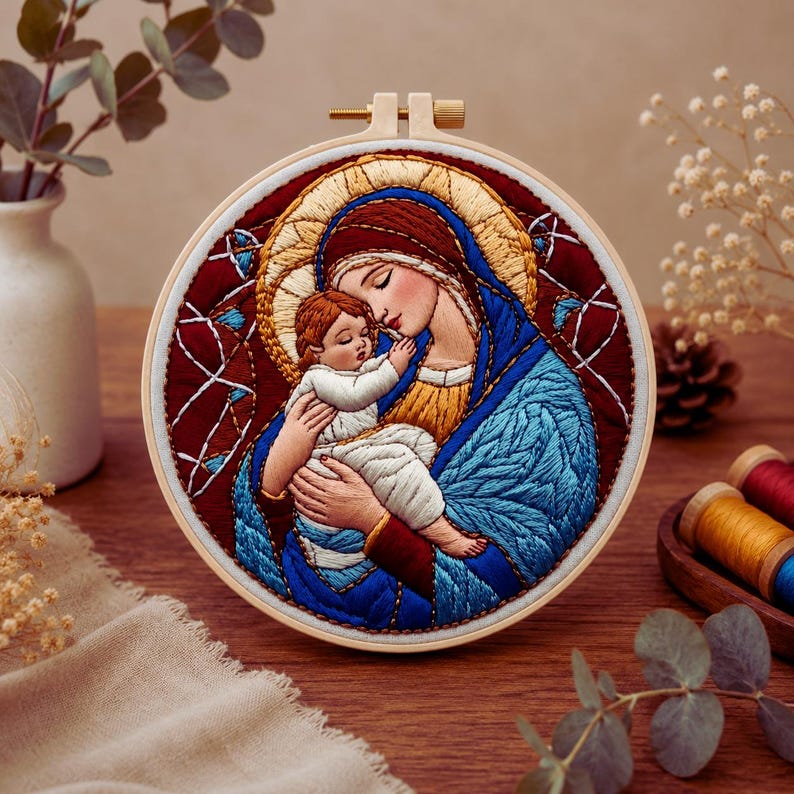 Religious mother child embroidery finished on wall