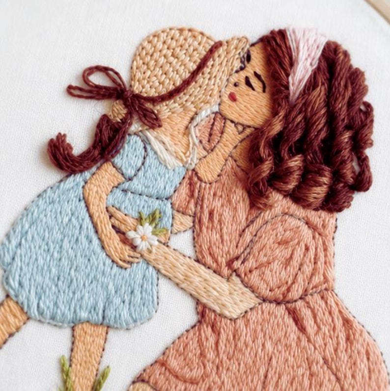 Mother and daughter embroidery kit close up