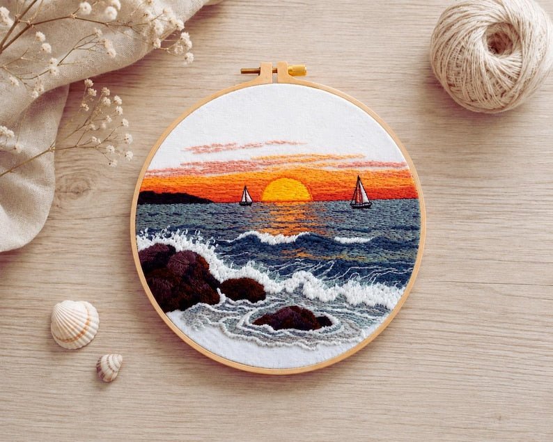 Ocean sunset embroidery kit pattern fabric detail