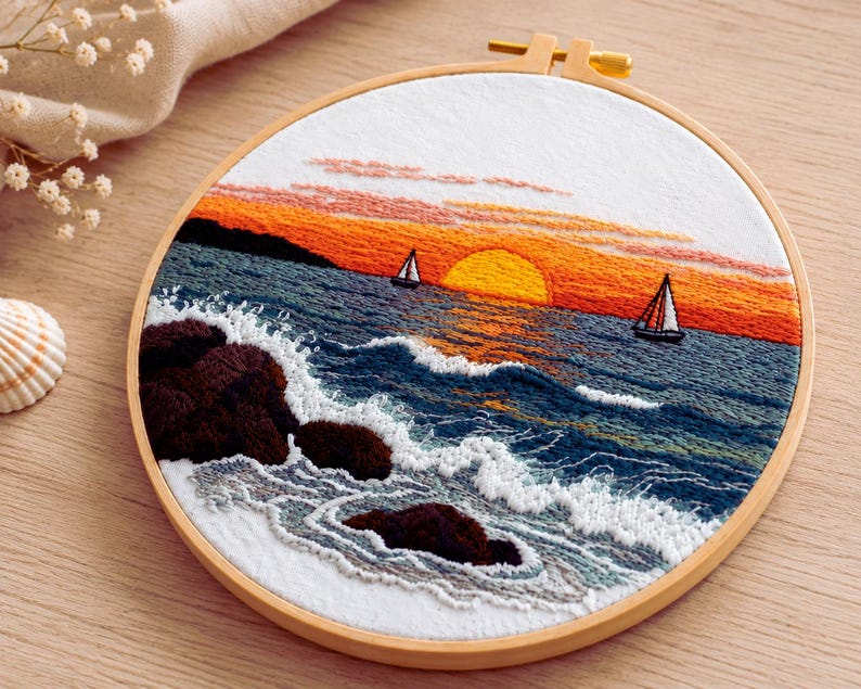 Ocean sunset embroidery kit stitching close-up