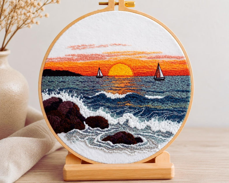 Ocean sunset seascape embroidery kit finished piece