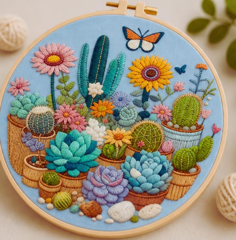 Succulent embroidery kit fabric and hoop