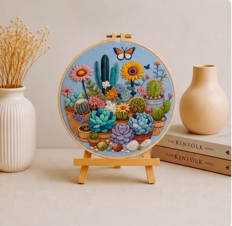 Colorful succulent embroidery hoop art