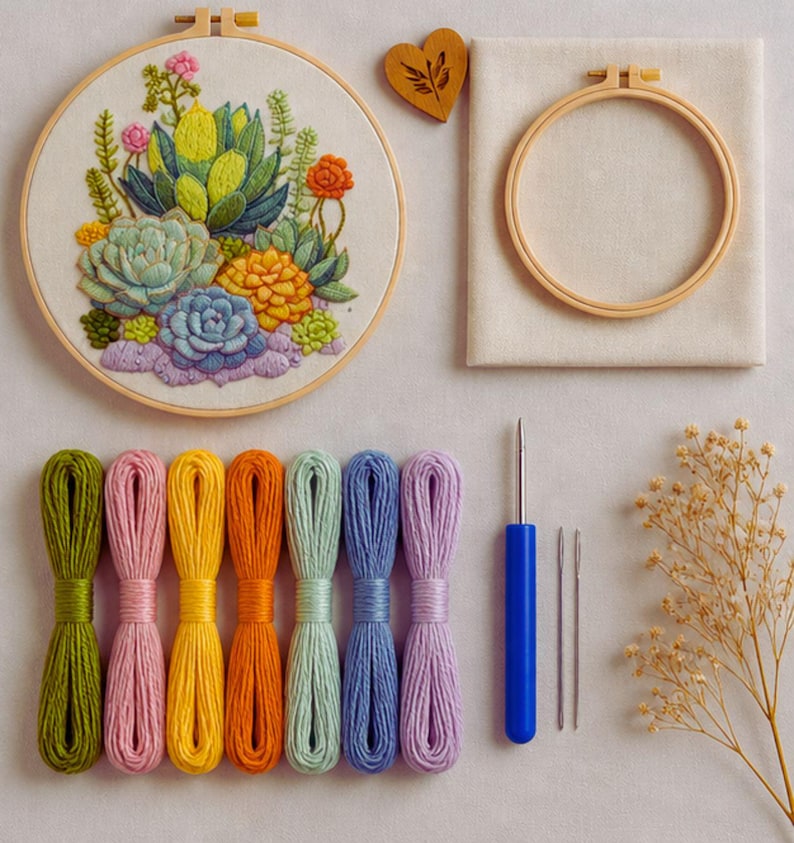 Succulent embroidery kit fabric and hoop