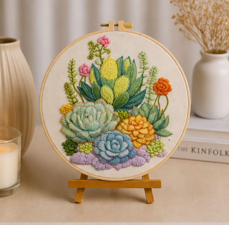 Pastel succulent embroidery hoop art