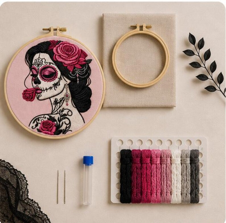 Sugar skull embroidery hoop displayed as gothic wall decor