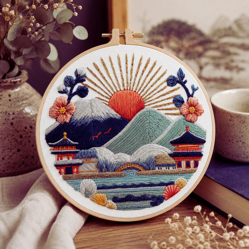 Japanese landscape embroidery kit fabric and threads