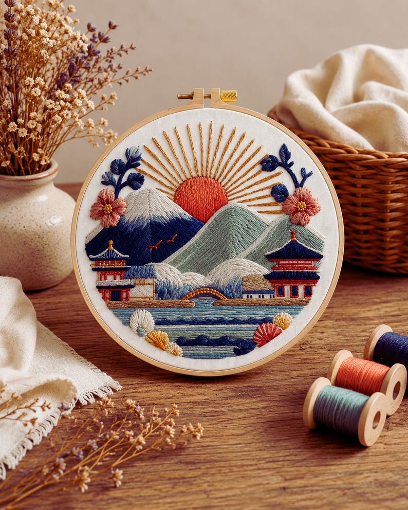 Kyoto sunrise embroidery hoop art