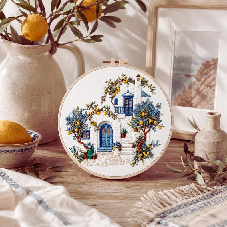 Mediterranean lemon house embroidery kit finished design