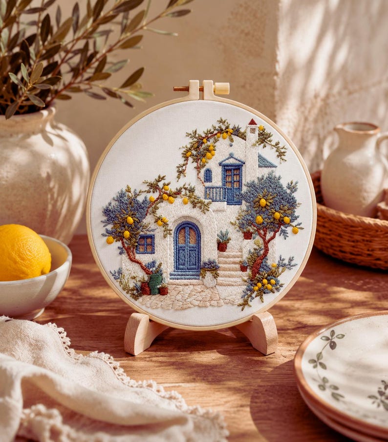 Lemon house embroidery hoop art