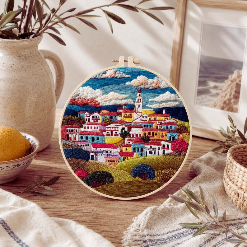 Mediterranean village embroidery kit fabric and threads