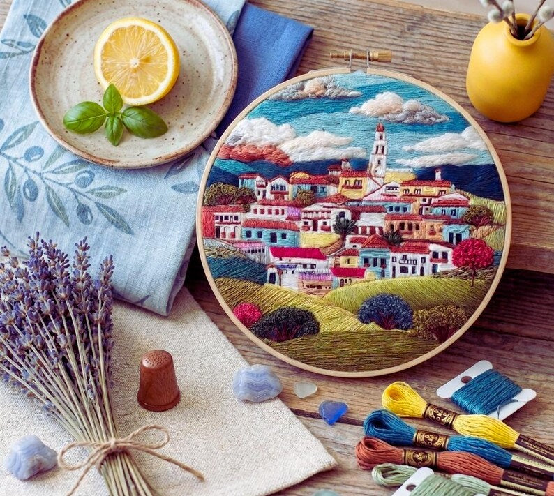 Mediterranean village embroidery hoop art