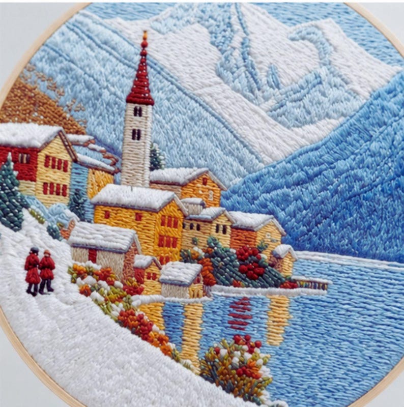 Alpine village embroidery kit fabric and threads
