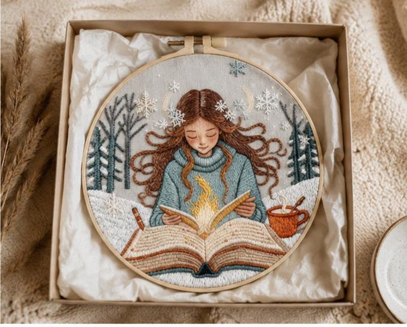 Winter girl embroidery kit contents and hoop